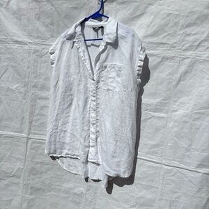 Ellen Tracy White Short Sleeve Linen-Blend Button Down Shirt